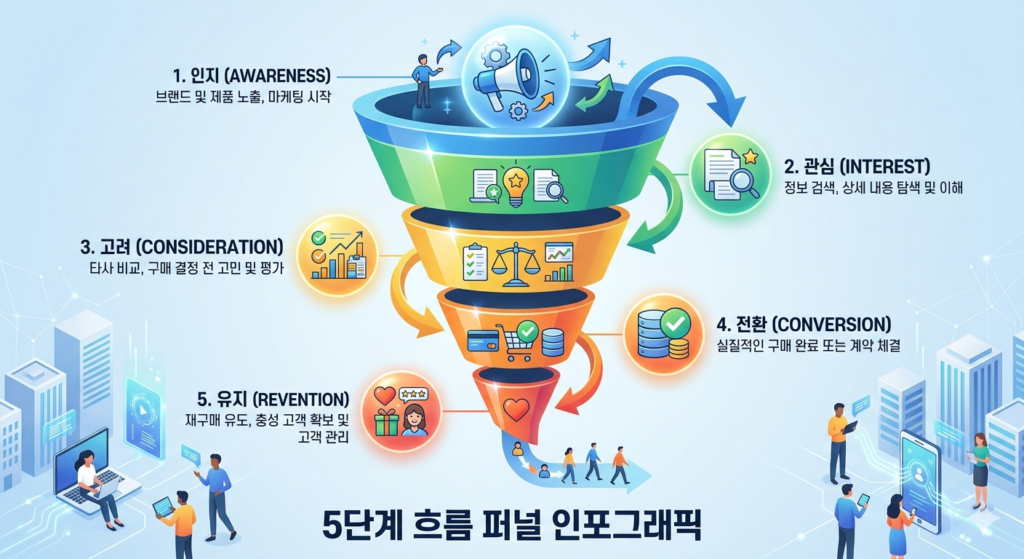 광고 집행 5단계 퍼포먼스 마케팅 전환 깔때기 도식
