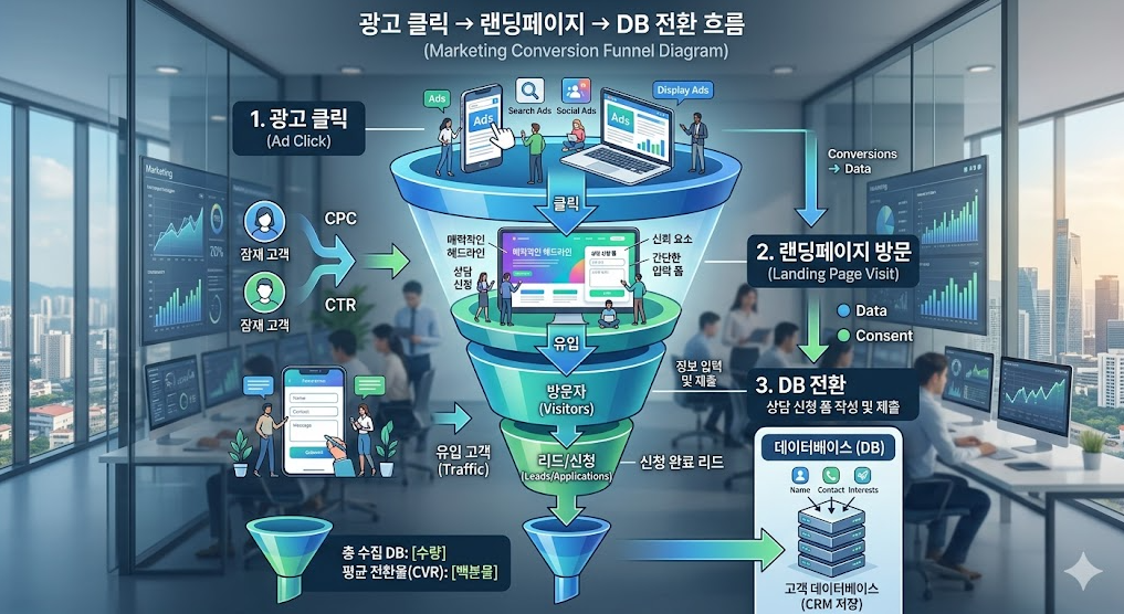 랜딩페이지 전환 퍼널 구조 일러스트