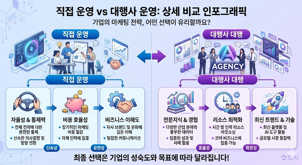 메타 광고 세팅 직접 운영과 대행사 비교 일러스트