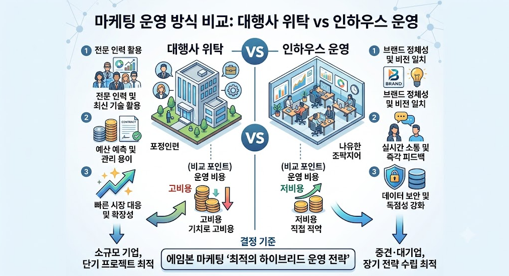 대행사 위탁형과 직접 운영형 마케팅 비교 인포그래픽