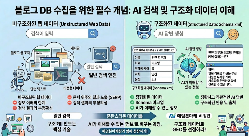 워드프레스 구조화 데이터와 GEO 검색 최적화 개념 일러스트